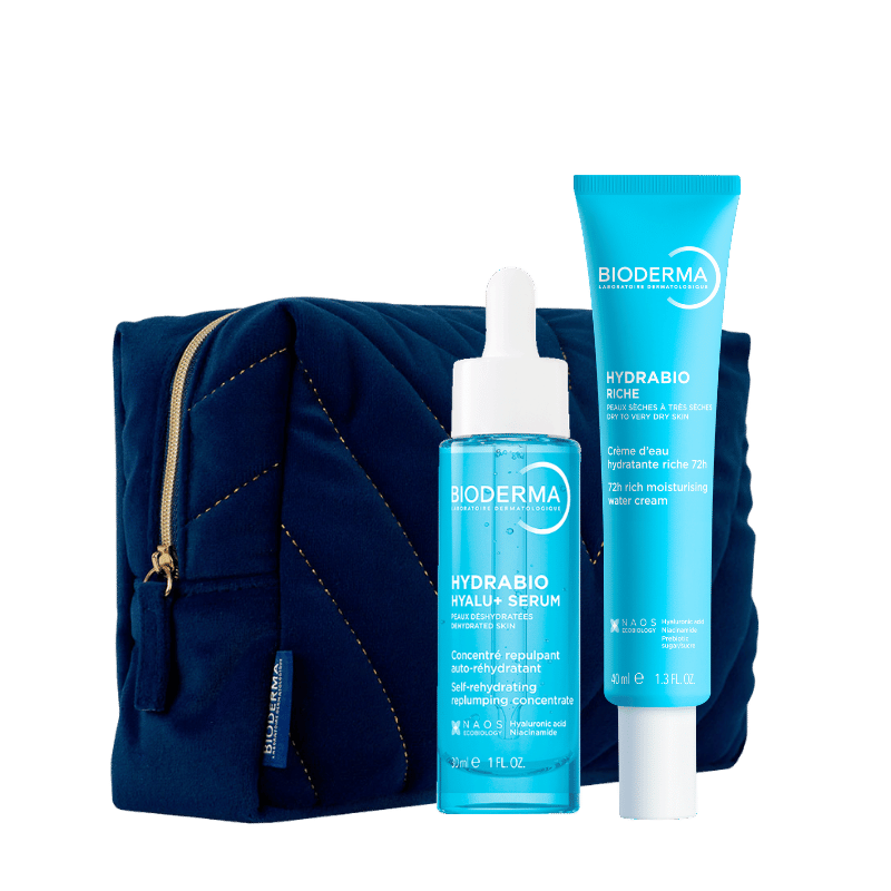 bioderma bundle with hydrabio hyalu+ serum, hydrabio rich cream and free blue velvet pouch